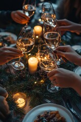 Obraz premium Top view background of four people enjoying Christmas dinner together and toasting with wine glasses while sitting by elegant dining table with, Generative AI