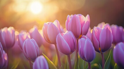 Fototapeta premium A field with blooming tulips. Fresh spring flowers. Growing flowers for sale in large quantities. Illustration for cover, card, postcard, interior design, banner, poster, brochure or presentation.