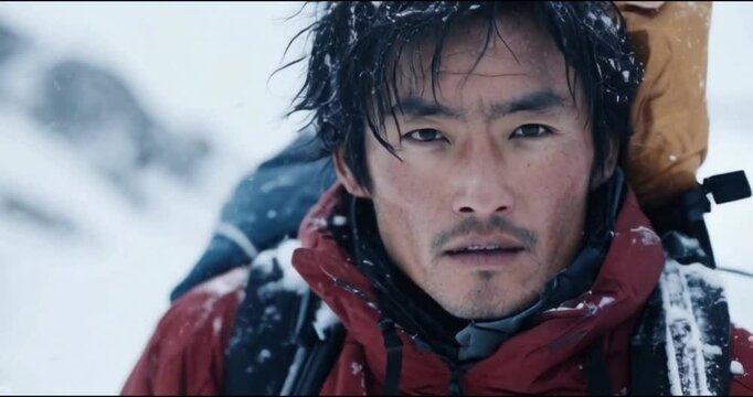 Close up of a mountain climber in snowy conditions, with frost and snowflakes on their face.