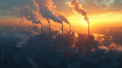 Aerial view of a city with industrial smokestacks spewing plumes of smoke into the air during sunset.