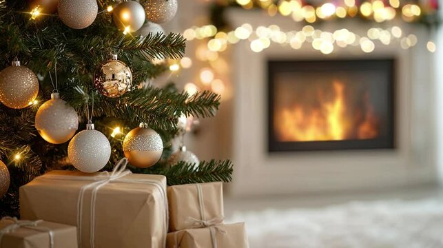 Cozy Christmas Tree and Fireplace: Twinkling Lights and Bokeh Loop