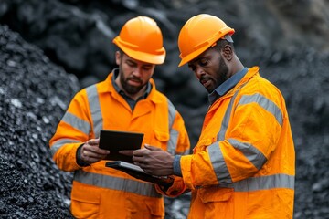 Mid-section portrait of two unrecognizable industrial workers wearing reflective jackets, one of them African, inspecting mineral ore on site outdoors, Generative AI