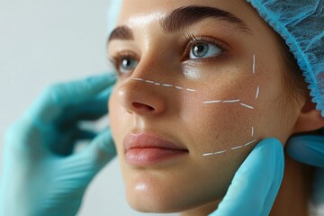 Surgeon Drawing Lines On Woman's Face For Plastic Surgery, Generative AI
