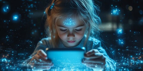 Child using smartphone, ai chat bot hologram and processing icons, Generative AI