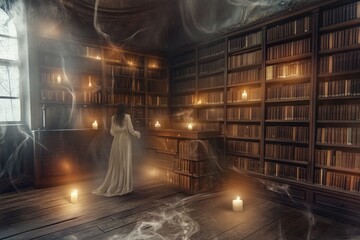 A creepy old library filled with dusty books, floating candles, and ghostly figures at twilight