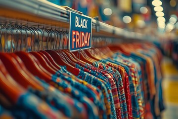 A “Black Friday” sale sign prominently displayed in a clothing store, signaling major discounts and deals.