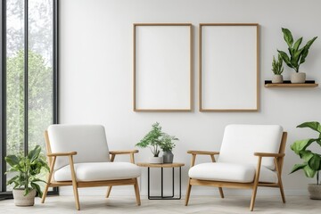 Home living room interior two armchairs and shelf, window and mockup frames, Generative AI