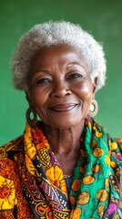 Obraz premium Vertical close up portrait of black senior woman wearing ethnic prints and smiling at camera against green background, Generative AI