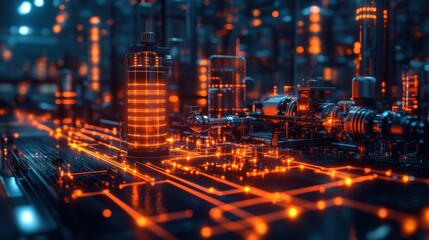 Fototapeta premium An abstract cityscape with glowing orange lights on a circuit board, representing technological innovation and advancement.