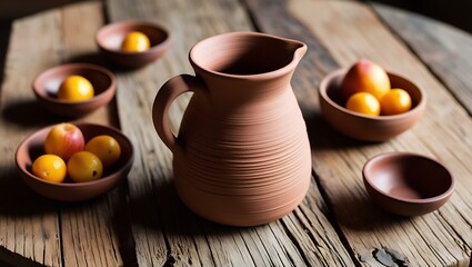 The natural light highlights the rich, earthy tones of the clay, creating an inviting and warm atmosphere that encourages simplicity and a connection to nature.