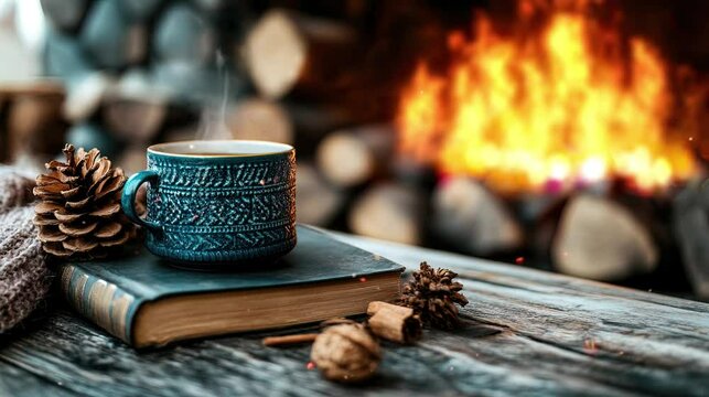 Cozy Moments: Steaming Mug and Book by the Fireplace Loop