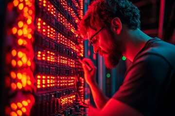 High angle shot of system administrator setting up server network in data center lit by neon light, Generative AI