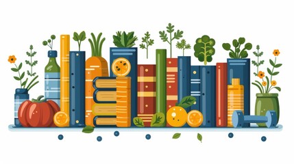 Colorful shelf filled with books and fresh produce in spring