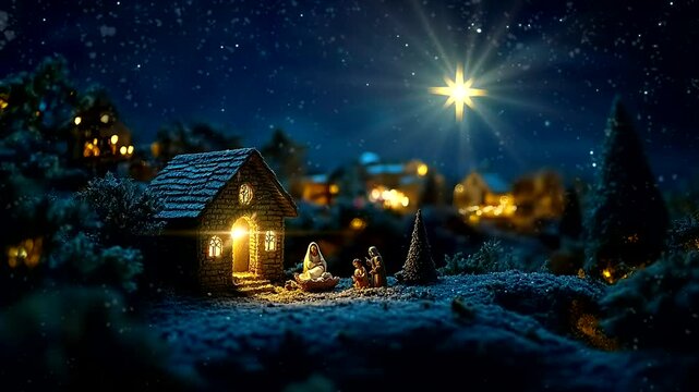Snowy Nativity Scene with Village and Shining Star | Peaceful Christmas Animation. 30 seconds loop
