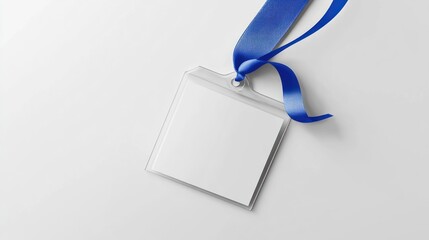 A blank name tag with a blue ribbon, ready for personalization at an event.