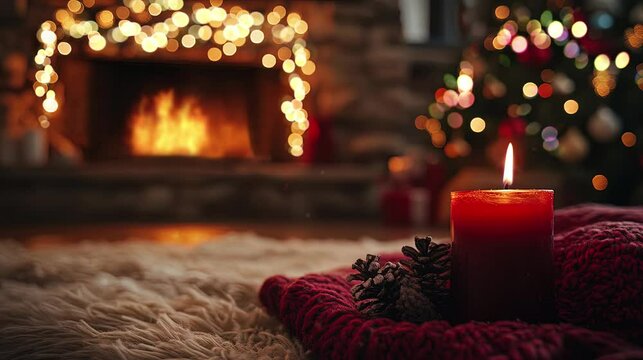 Candlelit Christmas: Bokeh Lights and Cozy Fireplace