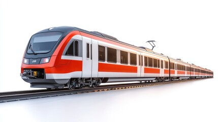 Naklejka premium A modern train on tracks, showcasing sleek design and transportation purpose.