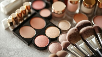 A collection of makeup products and brushes arranged aesthetically for beauty application.