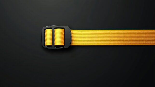 A close-up of a yellow strap with a black buckle against a dark background.
