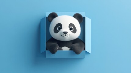 A cute panda plush toy sitting in an open blue box against a light blue background.