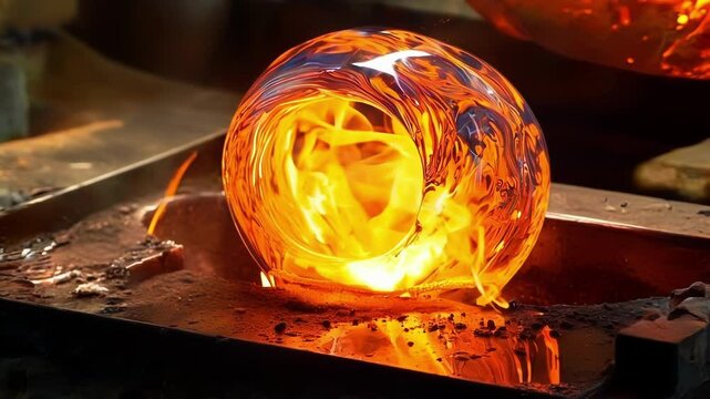 Glassblower is working with a glowing orange piece of molten glass on a workbench, shaping it into a decorative object