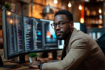 Multiethnic IT specialist working with program on monitors at office desk at IT company, Generative AI