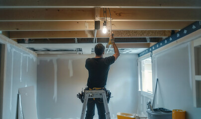 A male electrician in uniform installing light fitting in new apartment, standing on a ladder