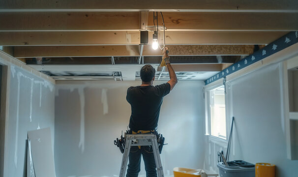 A male electrician in uniform installing light fitting in new apartment, standing on a ladder