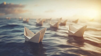 Obraz premium A serene scene of paper boats floating on water during sunset.