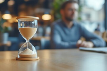 Closeup of hourglass on table with blurred shape of man waiting in background, copy space, Generative AI