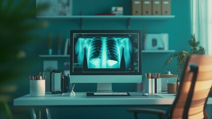 A modern workspace featuring a computer displaying an X-ray image of lungs.