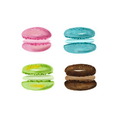 Set of pink, blue, green and brown macaroons - watercolor hand drawn illustration on transparent background. Paris sweet dessert. 