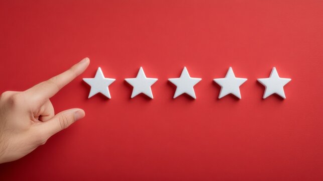 Hand Touching Five Stars on Red Background: Flat Design Illustration Representing Perfect Customer Experience and Positive Reviews for Business