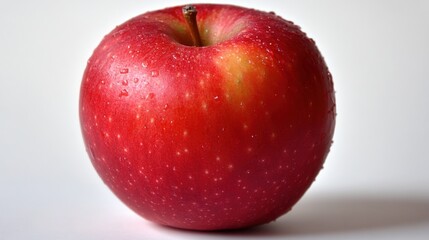 A close-up of a fresh, red apple with droplets of water on its surface.