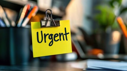 A bright yellow sticky note labeled "Urgent" is clipped on a desk, indicating importance.