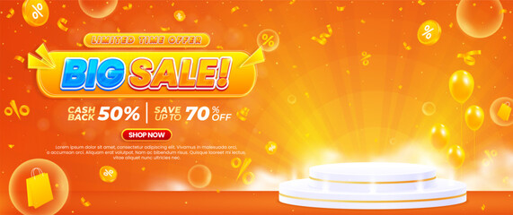 Gradient big sale promo banner design template with podium to promote your business