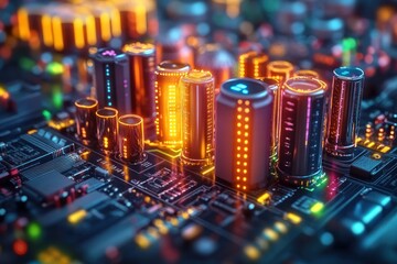 A futuristic city skyline made of glowing electronic components on a circuit board.