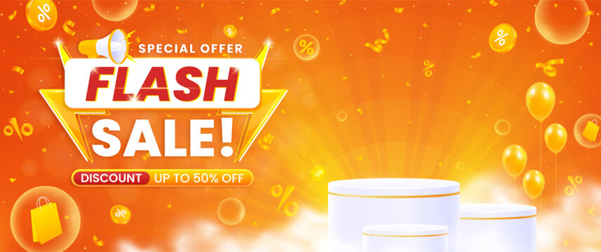 Flash sale special offer banner template design background with podium