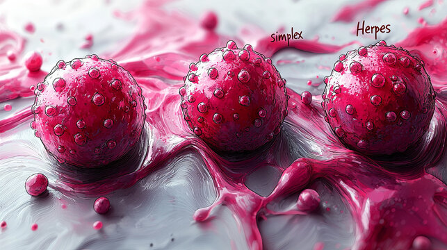 This image illustrates HSV virus particles with a red 3D texture, showcasing the virus's unique structure and artistic representation in medical imagery.