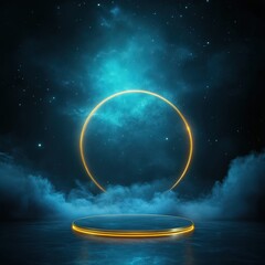 Obraz premium Futuristic Glowing Circle Stage with Starry Sky Background.