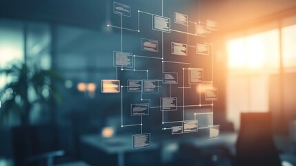 A digital flowchart displaying interconnected nodes in a modern office setting.