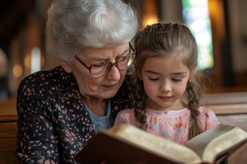 Grandmother reading Bible to her granddaughter while they sitting on bench in church, Generative AI