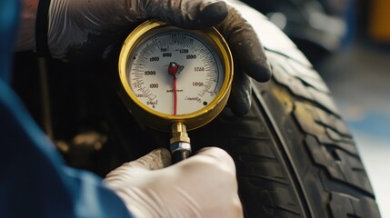 A close-up of a tire pressure gauge being used on a vehicle tire.