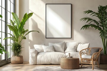 Corner view on bright living room interior with white poster, Generative AI