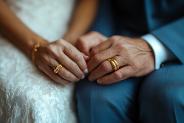 Closeup of mature bride and groom holding hands with focus on golden wedding rings, copy space, Generative AI