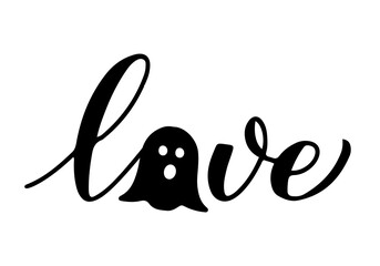 Love lettering with cute ghost. Halloween decorations. Vector template for typography poster, banner, sticker, shirt, etc.