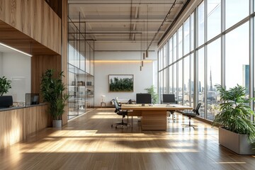 Modern open-plan office space with wood and glass elements, bright lighting, cityscape background, concept of contemporary workspace. 3D Rendering, Generative AI