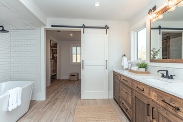 Bathroom with closet and white wall, Generative AI