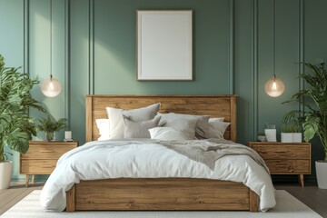 Modern bedroom interior with a wooden bed and nightstands, light green wall paneling, and a white poster on the wall, light and minimalist home decor, Generative AI
