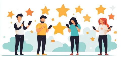 Fototapeta premium Men and women with smartphones giving star rating feedback, Generative AI
